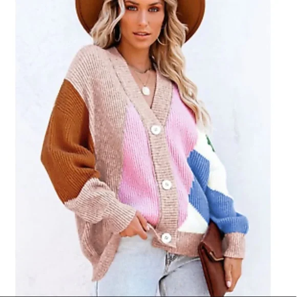 Color Block Button Front Oversized Knit Chunky Sweater Cardigan Slouchy Jacket - Picture 1 of 8